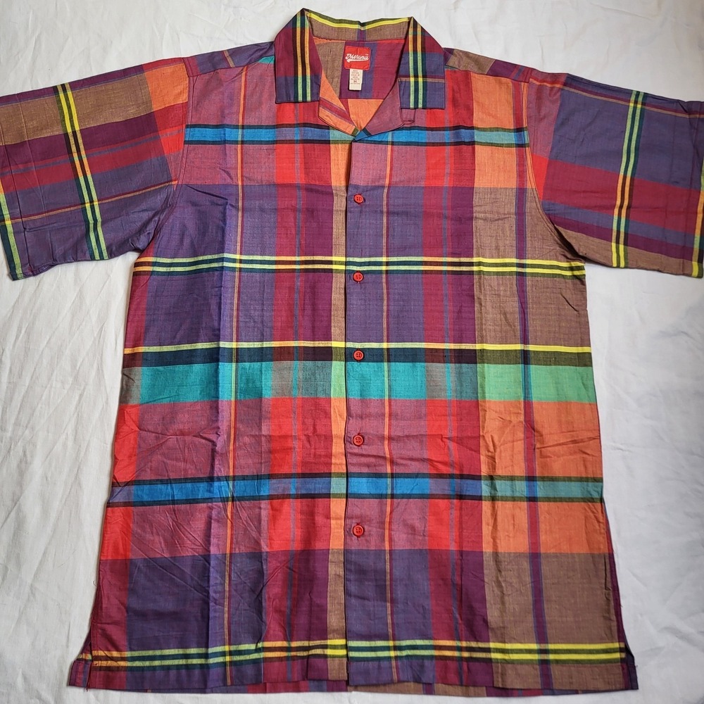 Merona Men's Short Sleeve Button Up Plaid Shirt Sze M, Made in India 100% Cotton